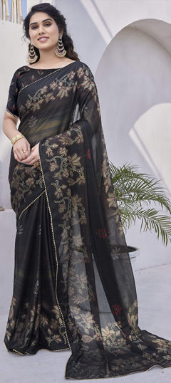 Black and Grey color Readymade Saree in Chiffon fabric with Floral, Printed work