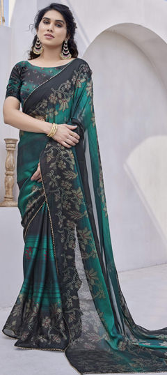 Green color Readymade Saree in Chiffon fabric with Floral, Printed work