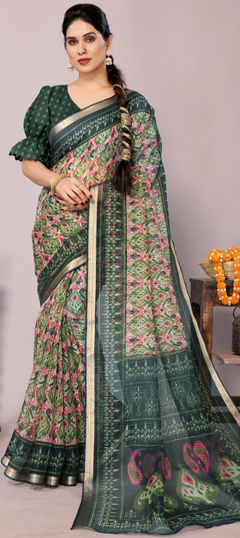 Green color Saree in Kota Doria Silk fabric with Printed work