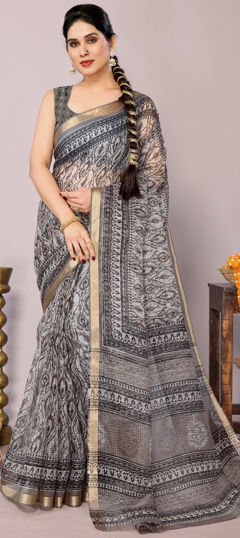 Black and Grey color Saree in Kota Doria Silk fabric with Printed work