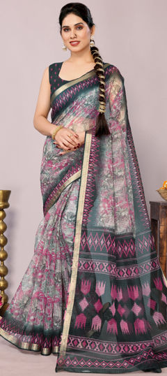 White and Off White color Saree in Kota Doria Silk fabric with Floral, Printed work