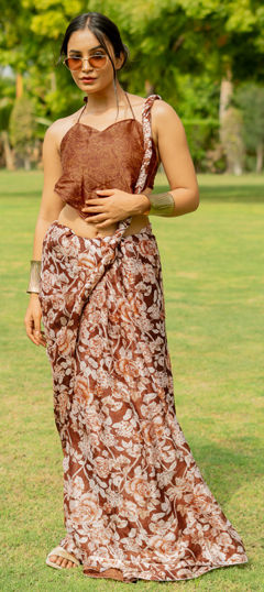 Beige and Brown color Saree in Chiffon fabric with Floral, Printed work