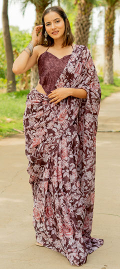 Beige and Brown color Saree in Chiffon fabric with Floral, Printed work