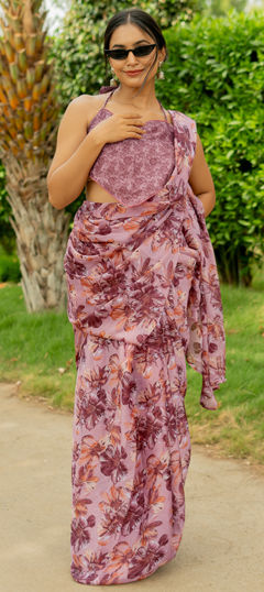 Pink and Majenta color Saree in Chiffon fabric with Floral, Printed work