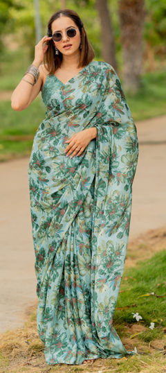 Green color Saree in Chiffon fabric with Floral, Printed work