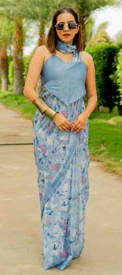 Blue color Saree in Chiffon fabric with Floral, Printed work