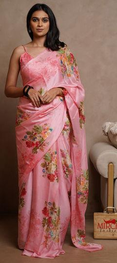 Pink and Majenta color Saree in Chiffon fabric with Floral, Printed work