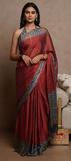Red and Maroon color Saree in Chiffon fabric with Printed work