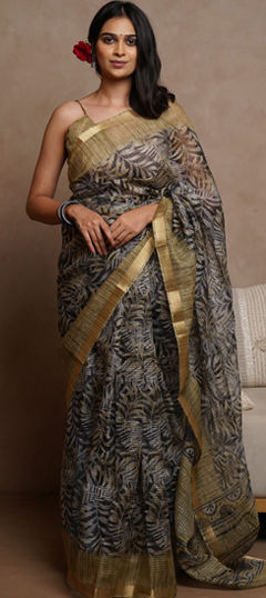 Black and Grey color Saree in Kota Doria Silk fabric with Printed work