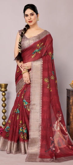 Red and Maroon color Saree in Blended Cotton fabric with Floral, Printed work