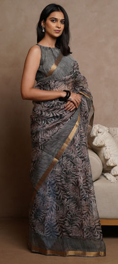 Black and Grey color Saree in Kota Doria Silk fabric with Printed work