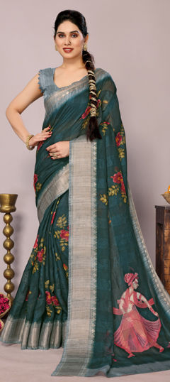 Blue color Saree in Blended Cotton fabric with Floral, Printed work