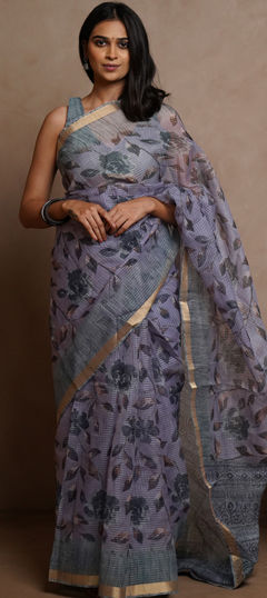Purple and Violet color Saree in Kota Doria Silk fabric with Floral, Printed work