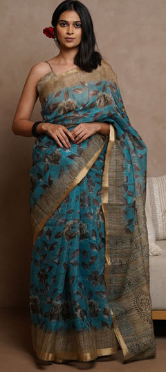 Blue color Saree in Kota Doria Silk fabric with Floral, Printed work