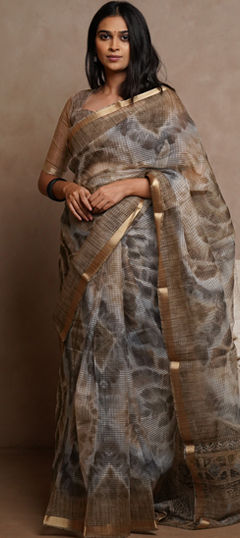 Black and Grey color Saree in Kota Doria Silk fabric with Printed, Tye n Dye work