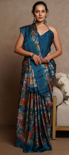 Blue color Saree in Chiffon fabric with Floral, Printed work