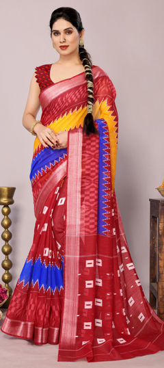 Red and Maroon color Saree in Blended Cotton fabric with Block Print work