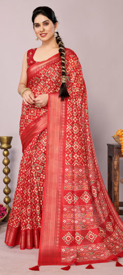 Red and Maroon color Saree in Blended Cotton fabric with Printed work