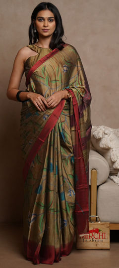 Beige and Brown color Saree in Chiffon fabric with Floral, Printed work