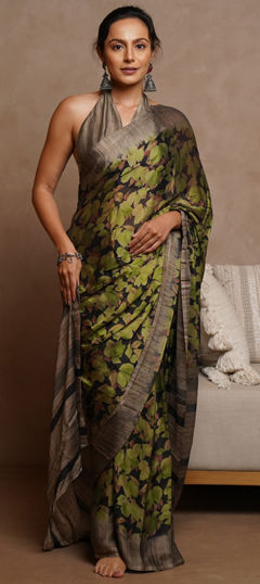 Black and Grey color Saree in Chiffon fabric with Floral, Printed work