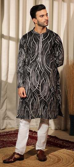 Black and Grey color Kurta Pyjamas in Viscose fabric with Embroidered, Thread work
