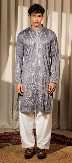 Black and Grey color Kurta Pyjamas in Viscose fabric with Embroidered, Thread work