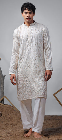 White and Off White color Kurta Pyjamas in Viscose fabric with Embroidered, Thread work