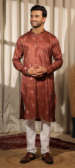 Beige and Brown color Kurta Pyjamas in Viscose fabric with Embroidered, Thread work