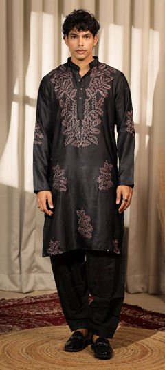 Black and Grey color Kurta Pyjamas in Satin Silk fabric with Embroidered, Thread work