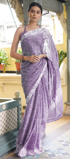 Purple and Violet color Saree in Chiffon fabric with Floral, Printed work