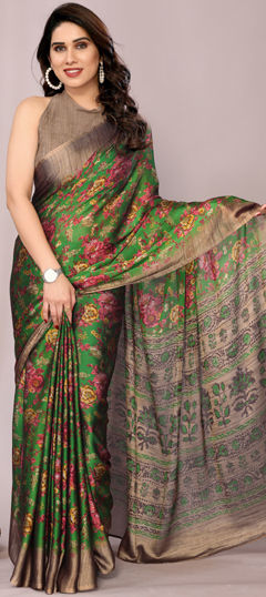 Green color Saree in Chiffon fabric with Floral, Printed work