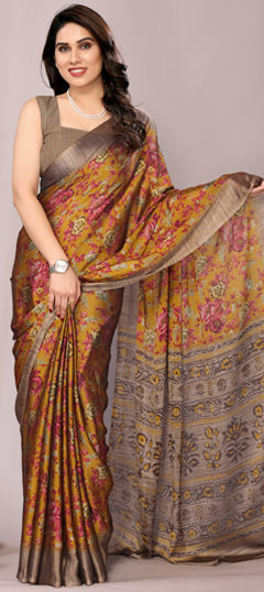Yellow color Saree in Chiffon fabric with Floral, Printed work