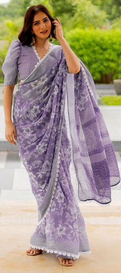 Purple and Violet color Saree in Blended Cotton fabric with Floral, Lace, Printed work