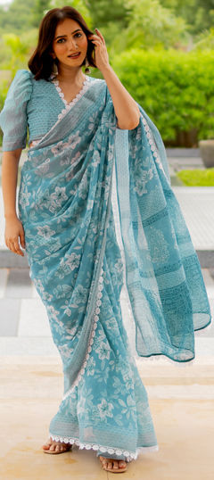 Blue color Saree in Blended Cotton fabric with Floral, Lace, Printed work
