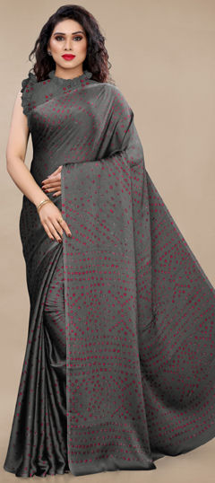 Black and Grey color Saree in Chiffon fabric with Bandhej, Printed work