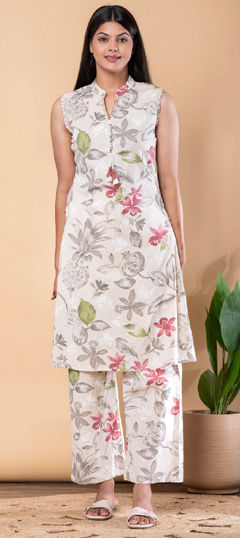 Green, White and Off White color Salwar Kameez in Cotton Flex fabric with Floral, Printed work