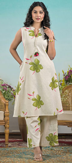Green, White and Off White color Salwar Kameez in Cotton Flex fabric with Floral, Printed work