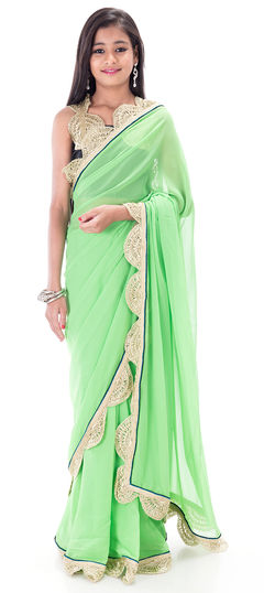 201220: Green color Kids Saree in Faux Georgette fabric with Border, Lace work