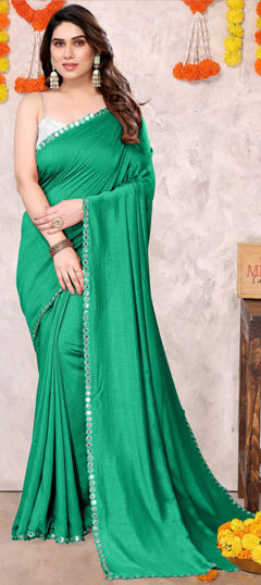 Green color Saree in Blended, Silk fabric with Thread work