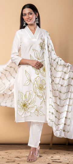 White and Off White color Salwar Kameez in Chanderi Silk fabric with Embroidered, Resham, Thread work