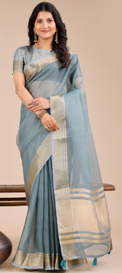 Green color Saree in Organza Silk fabric with Weaving work
