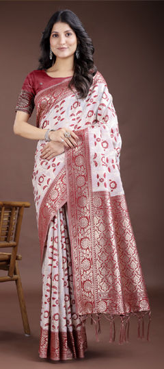 Red and Maroon, White and Off White color Saree in Linen fabric with Printed, Weaving work