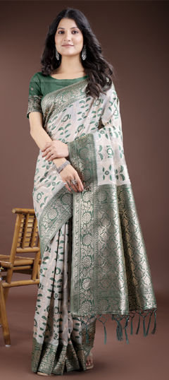 Green, White and Off White color Saree in Linen fabric with Printed, Weaving work