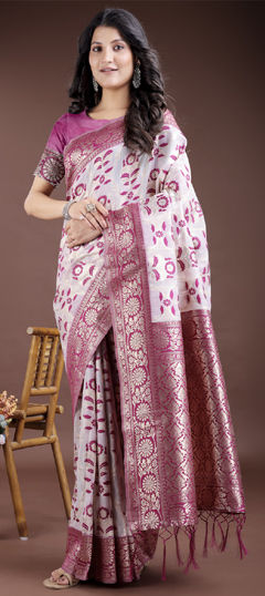Purple and Violet, White and Off White color Saree in Linen fabric with Printed, Weaving work
