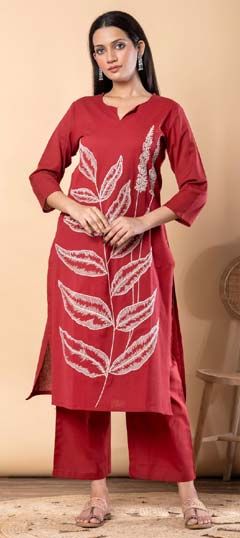 Red and Maroon color Co-ords Set in Cotton Flex fabric with Embroidered, Resham, Thread work