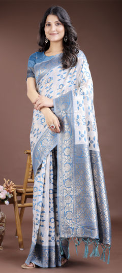 Blue, White and Off White color Saree in Linen fabric with Printed, Weaving work