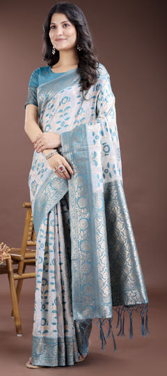 Green, White and Off White color Saree in Linen fabric with Printed, Weaving work
