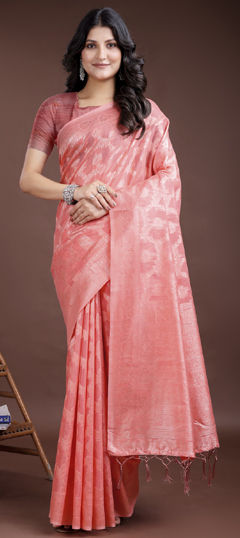 Pink and Majenta color Saree in Linen fabric with Weaving work