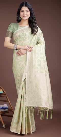 Green color Saree in Linen fabric with Weaving work