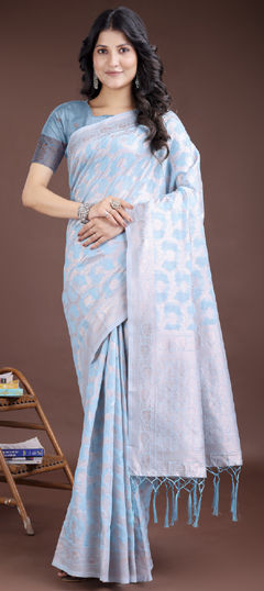 Blue color Saree in Linen fabric with Weaving work